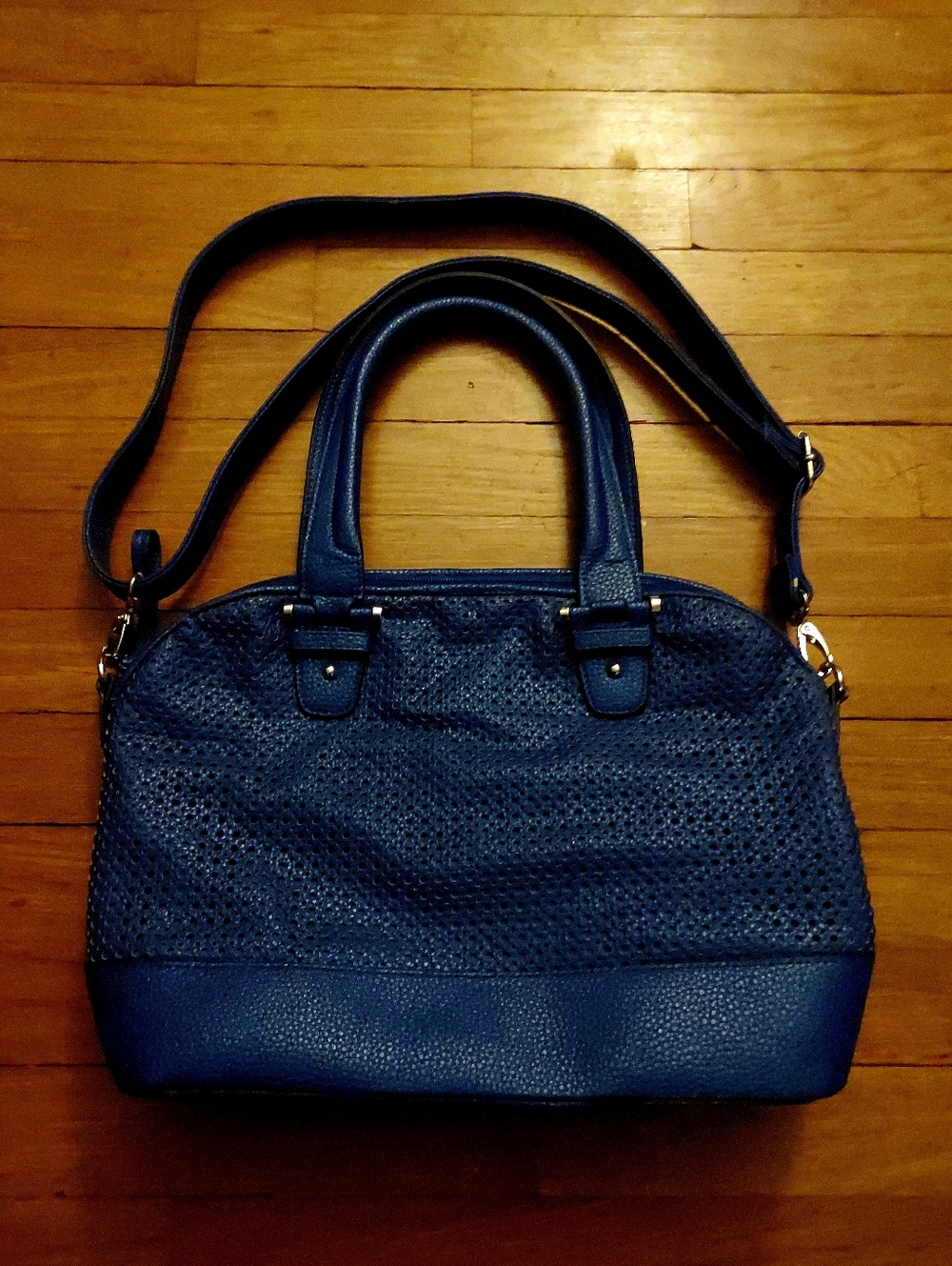 Classic Navy Perforated Dome Satchel - Women's Bag